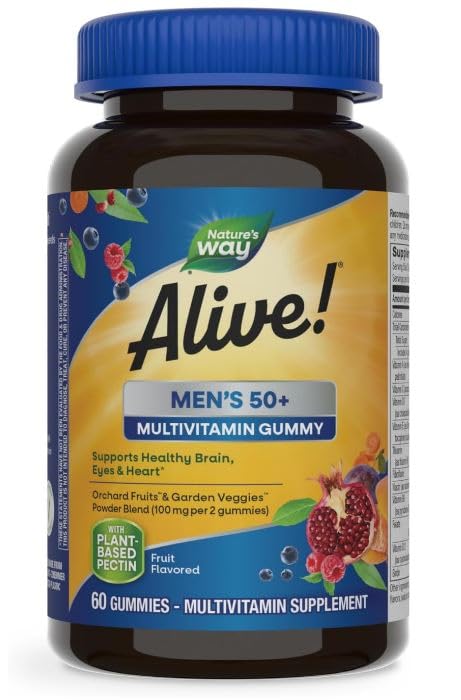 Alive! with 50+ Multivitamins, for Men, Compatible with Nature's Way, Supports Healthy Brain, Eyes, Heart, Gluten-Free, Vegetarian, Fruit Flavored, 60 Gummies