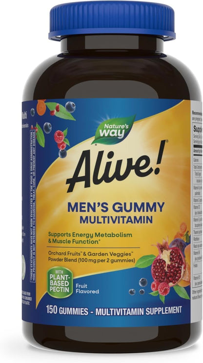 Nature's Way Alive! Men's Daily Gummy Multivitamin, Supports Energy Metabolism & Muscle Function*, B-Vitamins, Gluten-Free, Vegetarian, Fruit Flavored, 150 Gummies (Packaging May Vary)