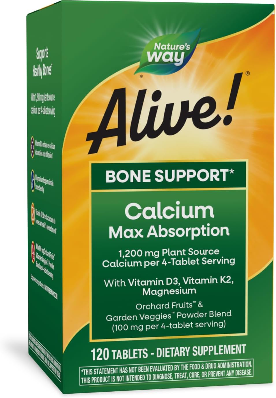 Nature's Way Alive! Calcium Max Absorption, Bone Support*, Plant Source Calcium, Vitamin D3 & K2, Magnesium, 120 Tablets (Packaging May Vary)