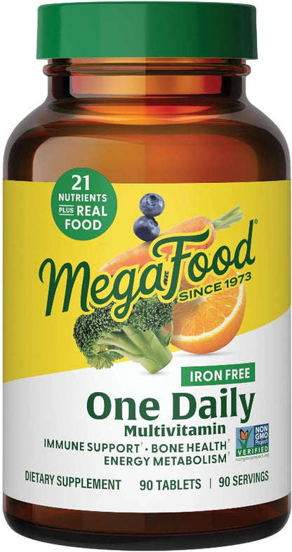 MegaFood One Daily Iron Free Multivitamin - Multivitamin for Women and Men - with Real Food - Immune Support Supplement - Bone Health - Energy Metabolism - Vegetarian; Non-GMO; No Iron - 90 Tablets