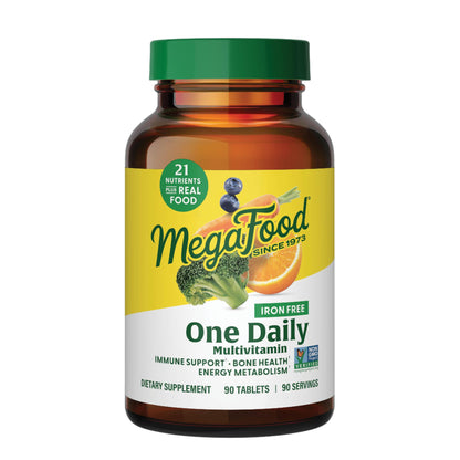 MegaFood One Daily Iron Free Multivitamin - Multivitamin for Women and Men - with Real Food - Immune Support Supplement - Bone Health - Energy Metabolism - Vegetarian; Non-GMO; No Iron - 90 Tablets