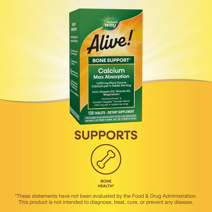 Nature's Way Alive! Calcium Max Absorption, Bone Support*, Plant Source Calcium, Vitamin D3 & K2, Magnesium, 120 Tablets (Packaging May Vary)