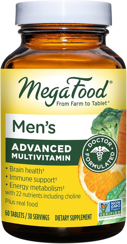 MegaFood Men's Advanced Multivitamin for Men - Doctor -Formulated - Choline, Vitamin B12, Vitamin D, Vitamin C & Zinc - Brain Health & Immune Support - Non-GMO - Vegetarian - 60 Tabs (30 Servings)