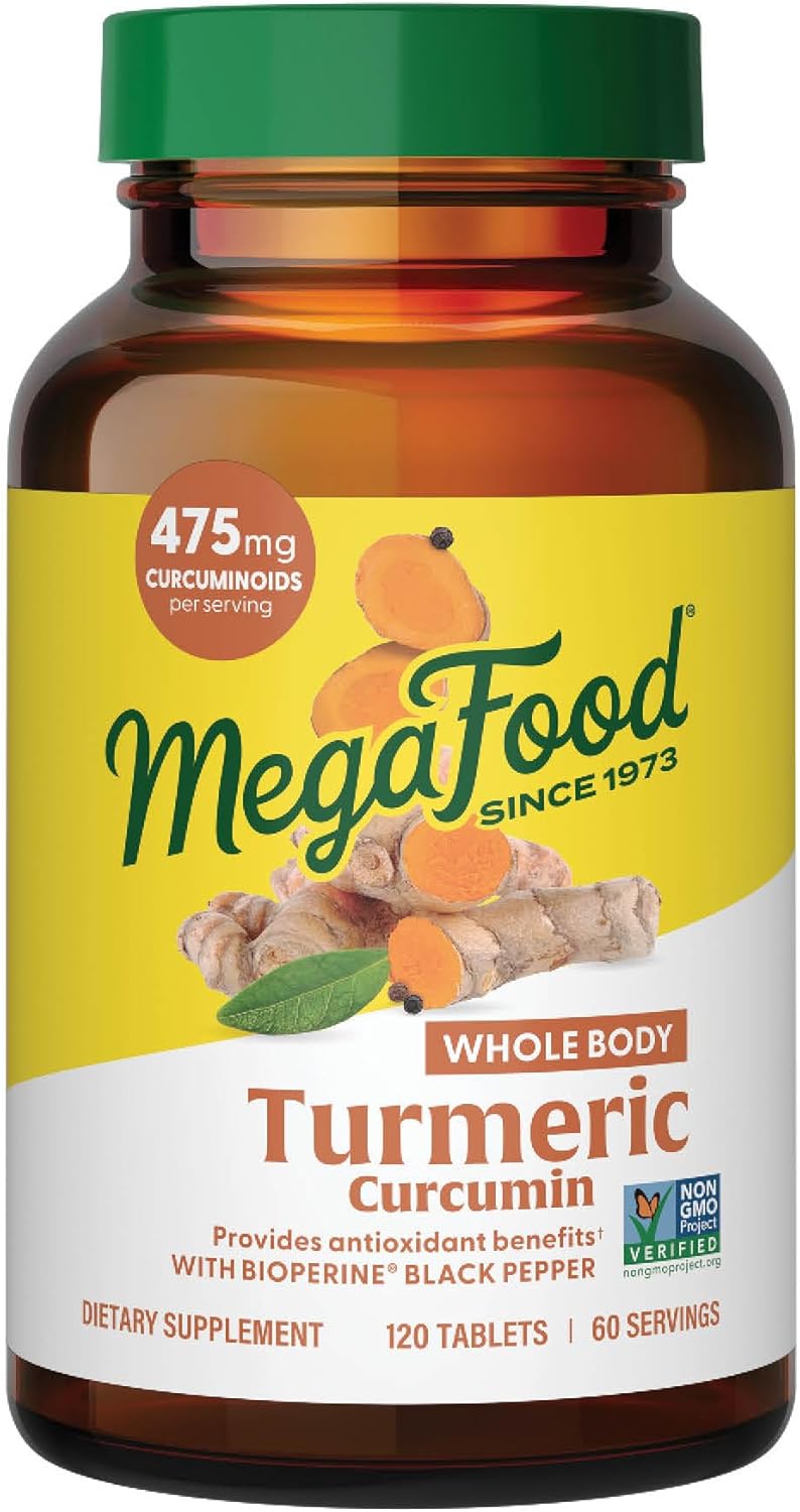 MegaFood Turmeric Curcumin Extra Strength - Whole Body - Turmeric Curcumin with Black Pepper- 475mg Curcuminoids - Holy Basil, Tart Cherry - Made Without 9 Food Allergens - 120 Tabs (60 Servings)