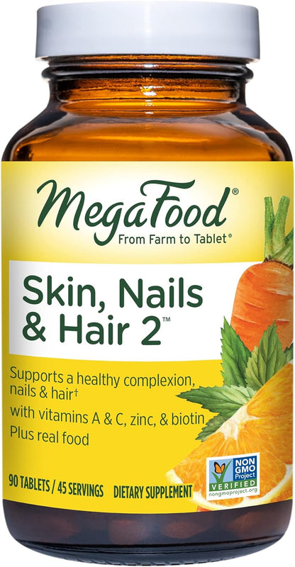 MegaFood Skin, Nails & Hair 2 - Vitamins For Women & Men - Biotin, Vitamin A, Vitamin C, Zinc, Vitamin B6, Vitamin E, Pantothenic Acid - Vegan - Made Without 9 Food Allergens - 90 Tabs (45 Servings)