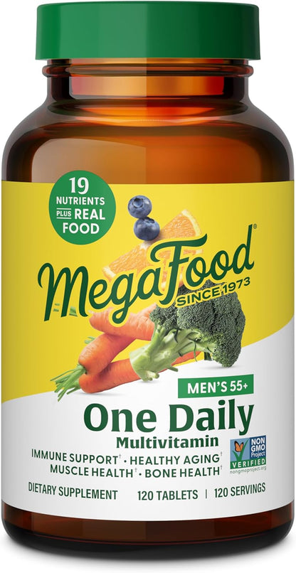 MegaFood Men's 55+ One Daily - Multivitamin for Men with Vitamin B12, Vitamin C, Vitamin D & Zinc - Optimal Aging & Immune Support Supplement - Vegetarian - Made Without 9 Food Allergens - 120 Tabs