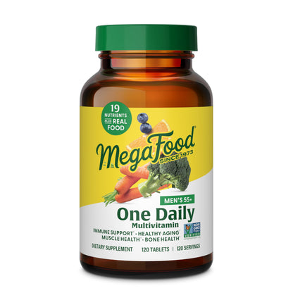 MegaFood Men's 55+ One Daily - Multivitamin for Men with Vitamin B12, Vitamin C, Vitamin D & Zinc - Optimal Aging & Immune Support Supplement - Vegetarian - Made Without 9 Food Allergens - 120 Tabs