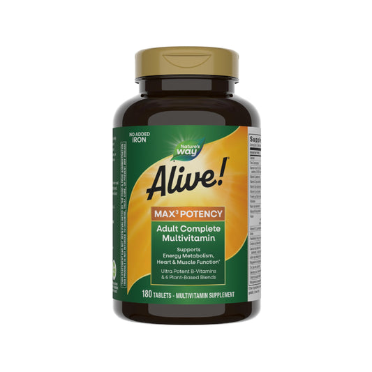 Nature's Way Alive! Max3 Potency Adult Complete Multivitamin, High Potency B-Vitamins to Support Energy Metabolism*, with Methylated B12 and Folate, No Added Iron, 180 Tablets (Packaging May Vary)