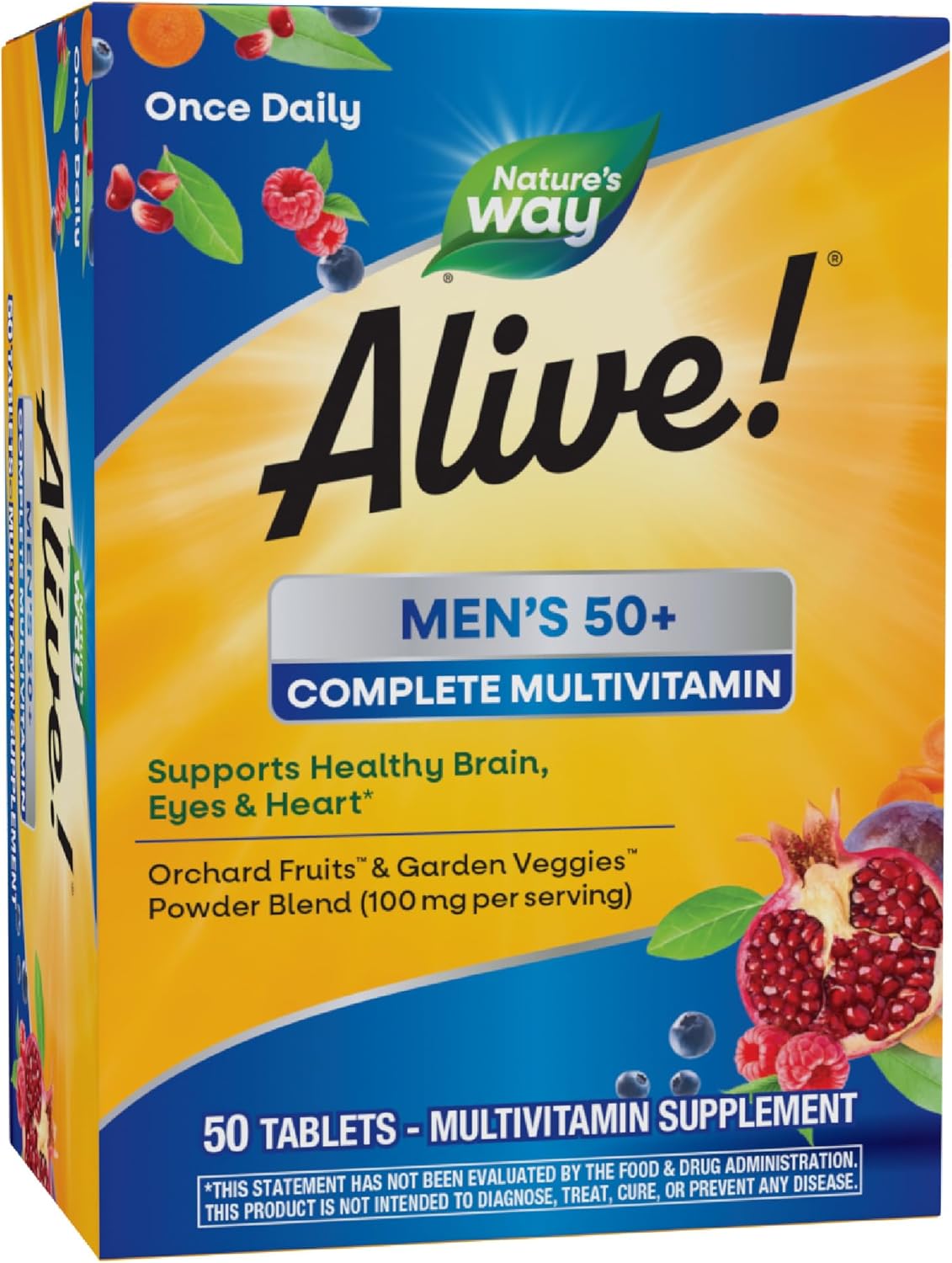 Nature’s Way Alive! Men’s 50+ Complete Multivitamin, Supports Healthy Brain, Eyes & Heart*, High Potency B-Vitamins, Gluten-Free, 50 Tablets (Packaging May Vary)