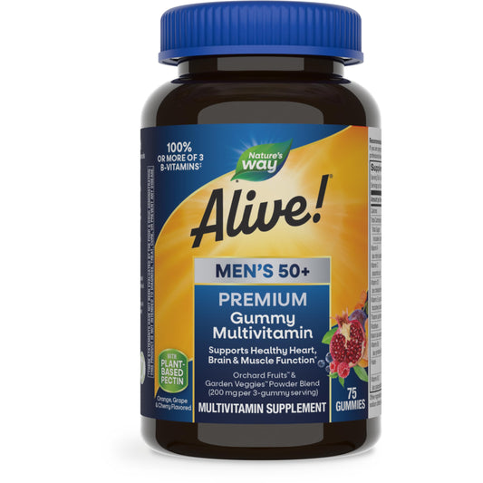 Nature’s Way Alive! Men’s 50+ Premium Gummy Multivitamin, Supports Healthy Heart, Brain & Muscle Function*, B-Vitamins, Vegetarian, Grape, Orange and Cherry Flavored, 75 Gummies (Packaging May Vary)