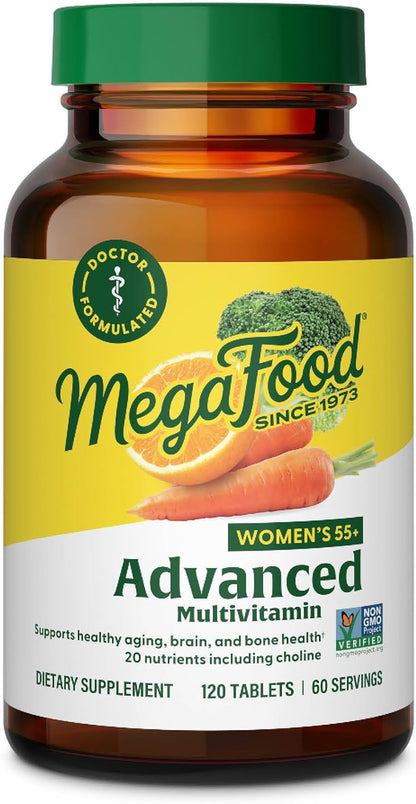 MegaFood Women's 55+ Advanced Multivitamin for Women - Doctor-Formulated with Choline, Vitamin D3, Vitamin B12, Biotin - Plus Real Food - Optimal Aging, Vegetarian - 120 Tabs (60 Servings)