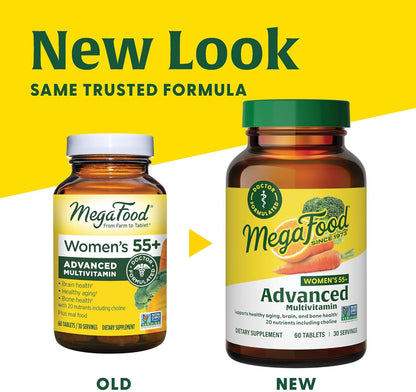 MegaFood Women's 55+ Advanced Multivitamin for Women - Doctor-Formulated with Choline, Vitamin D3, Vitamin B12, Biotin - Plus Real Food - Optimal Aging, Vegetarian - 120 Tabs (60 Servings)