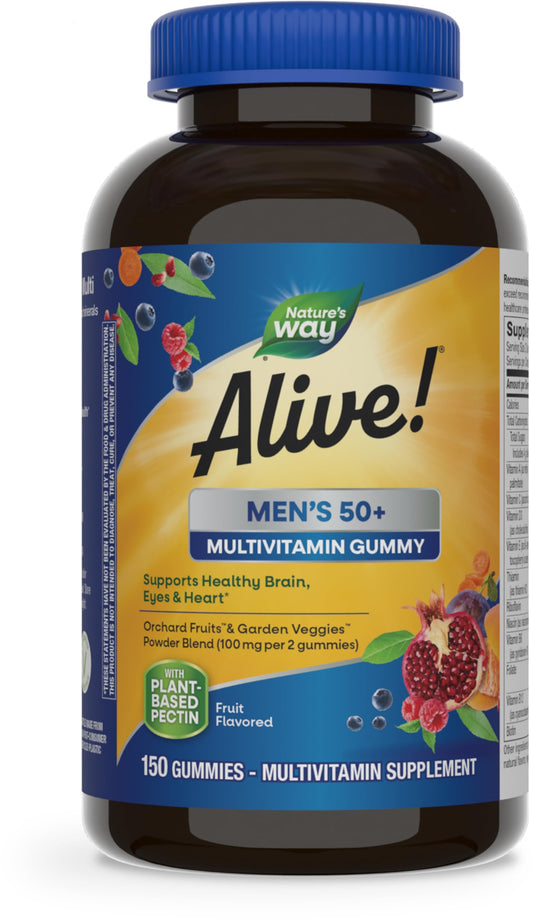 Nature’s Way Alive! Men’s 50+ Daily Gummy Multivitamins, Supports Healthy Brain, Eyes, Heart*, B-Vitamins, Gluten-Free, Vegetarian, Fruit Flavored, 150 Gummies (Packaging May Vary)