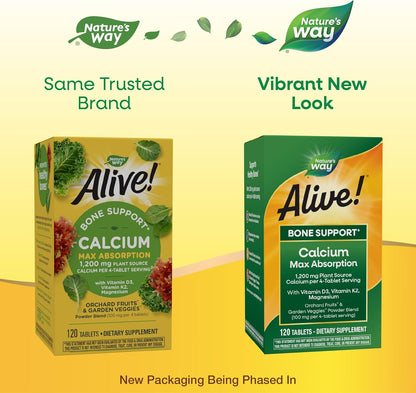 Nature's Way Alive! Calcium Max Absorption, Bone Support*, Plant Source Calcium, Vitamin D3 & K2, Magnesium, 120 Tablets (Packaging May Vary)