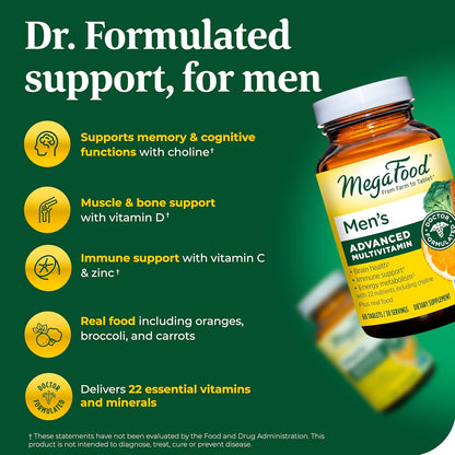 MegaFood Men's Advanced Multivitamin for Men - Doctor -Formulated - Choline, Vitamin B12, Vitamin D, Vitamin C & Zinc - Brain Health & Immune Support - Non-GMO - Vegetarian - 60 Tabs (30 Servings)