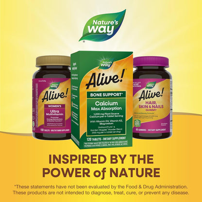 Nature's Way Alive! Calcium Max Absorption, Bone Support*, Plant Source Calcium, Vitamin D3 & K2, Magnesium, 120 Tablets (Packaging May Vary)