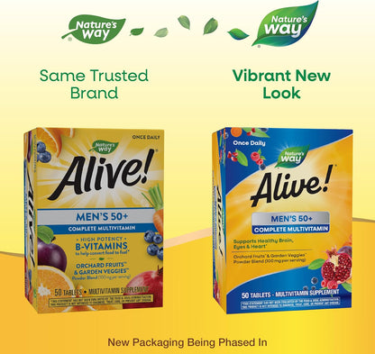 Nature’s Way Alive! Men’s 50+ Complete Multivitamin, Supports Healthy Brain, Eyes & Heart*, High Potency B-Vitamins, Gluten-Free, 50 Tablets (Packaging May Vary)